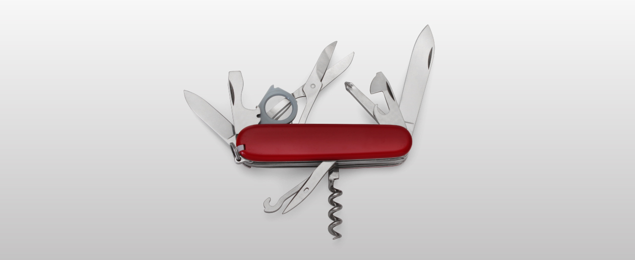 A Swiss army knife with all of its features displayed